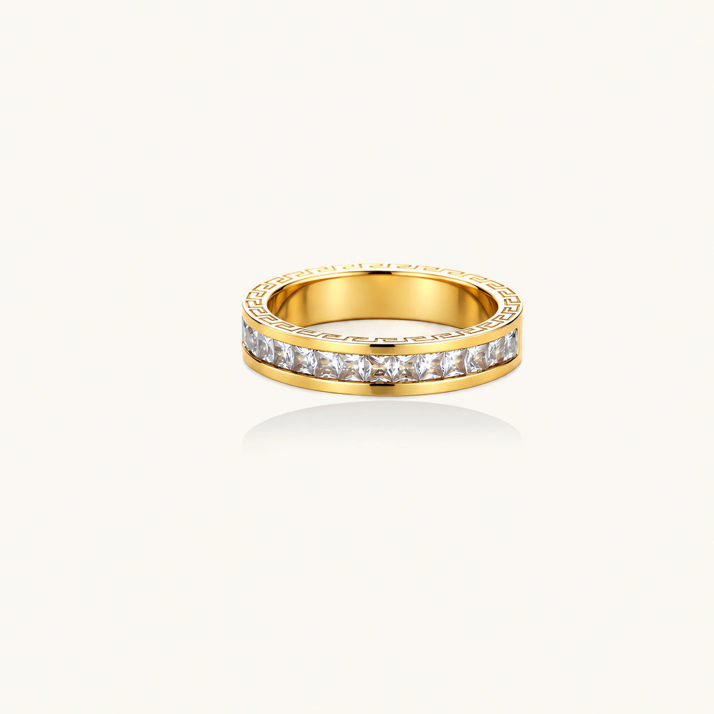 14K gold-plated band with channel-set zirconia and Greek key pattern engraving on polished finish